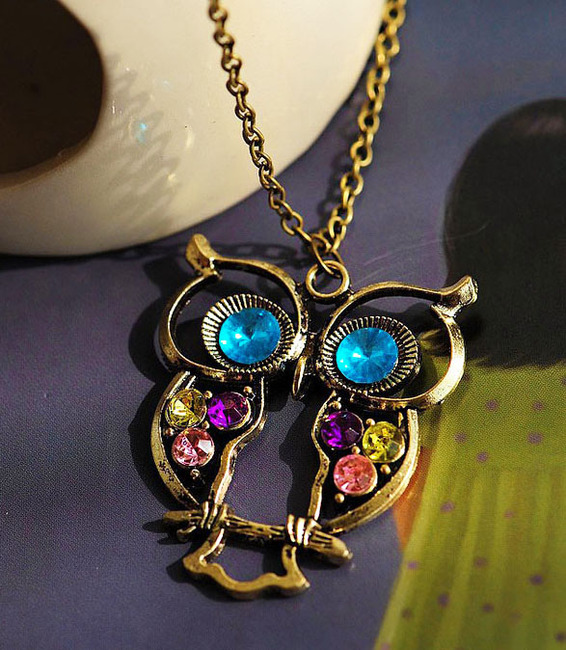  Vintage Cute Large Owl Necklace Pendant & Long Chain