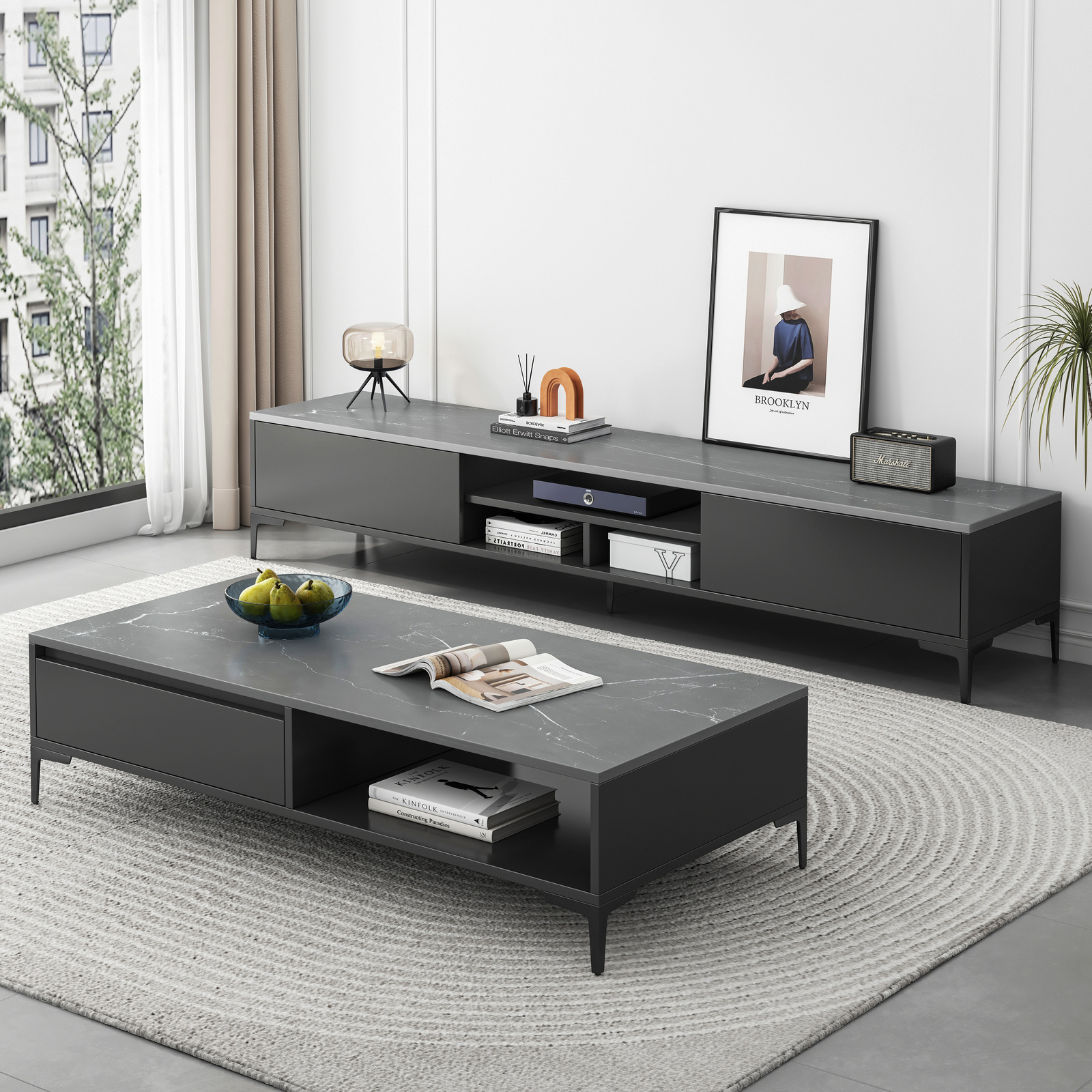 2-Piece Set Minimalist Large Coffee Table & TV Cabinet  