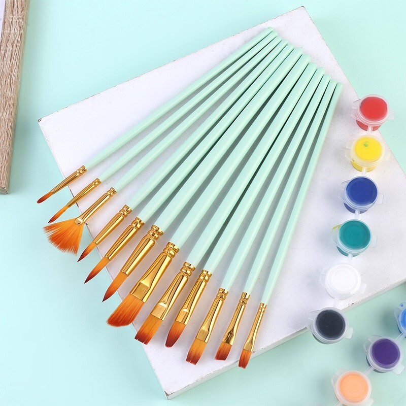 12PCS Artist Nylon Bristle Paint Brushes Set Acrylic Watercolor Oil Painting Brush Kit (Green)