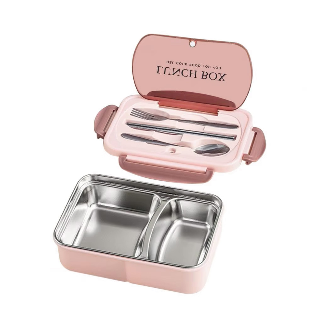 Stainless Steel Leakproof Lunch Bento Box with Compartments and Cutlery - Pink