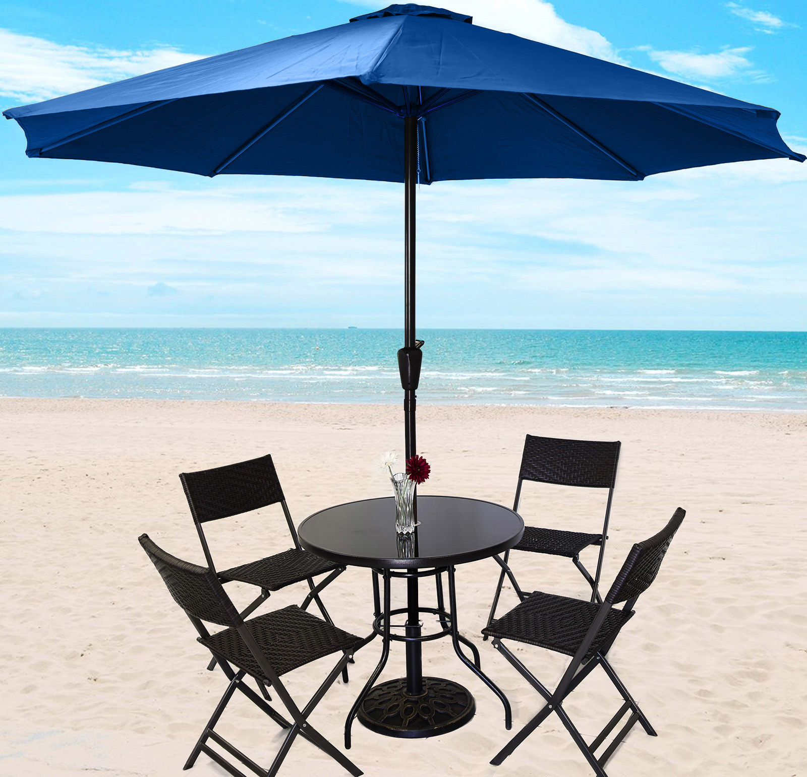 Alfresco 7 Piece Outdoor Setting (Blue Umbrella & Stand, 4 Rattan Chairs, Round Table)