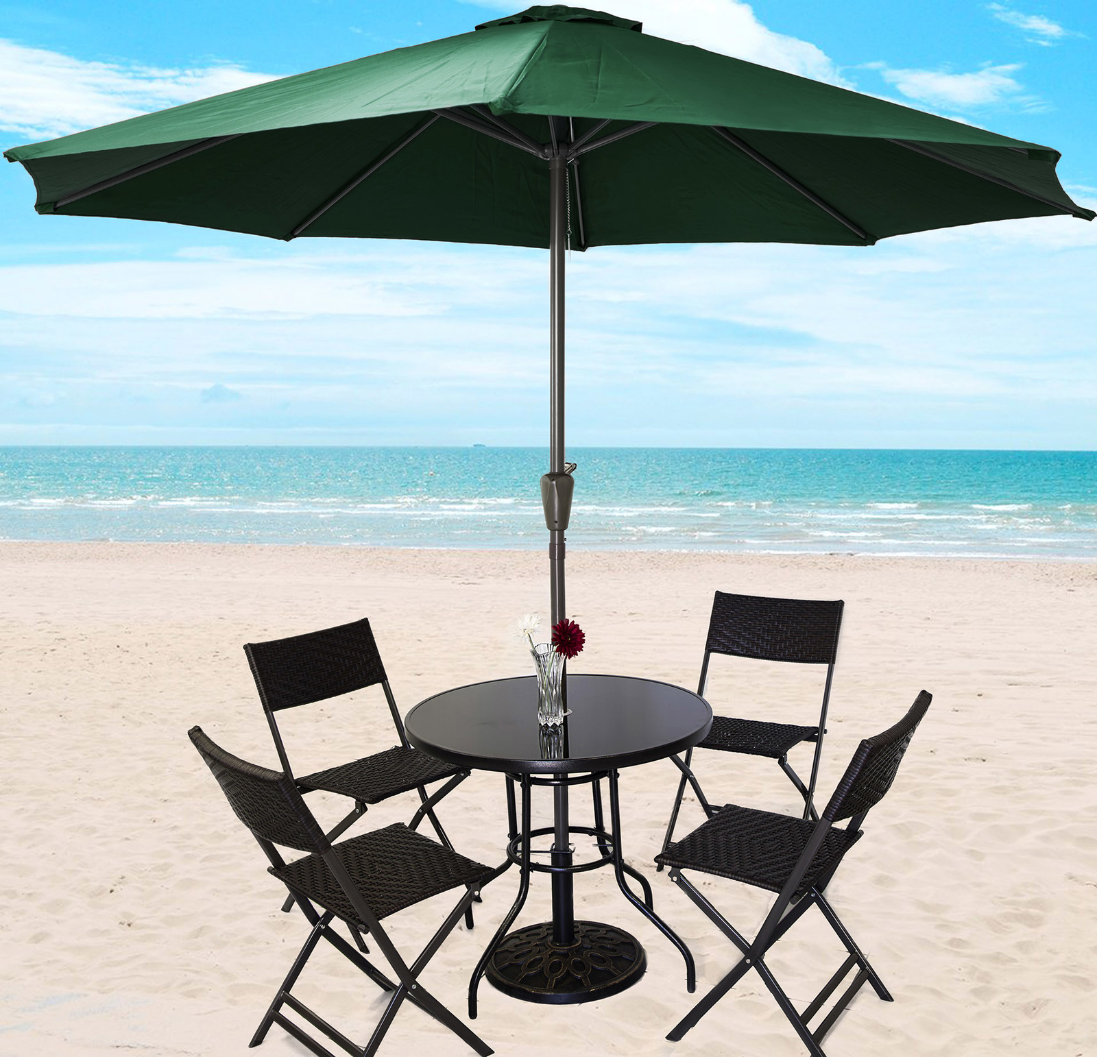 Alfresco 7 Piece Outdoor Setting (Green Umbrella & Stand, 4 Rattan Chairs, Round Table)