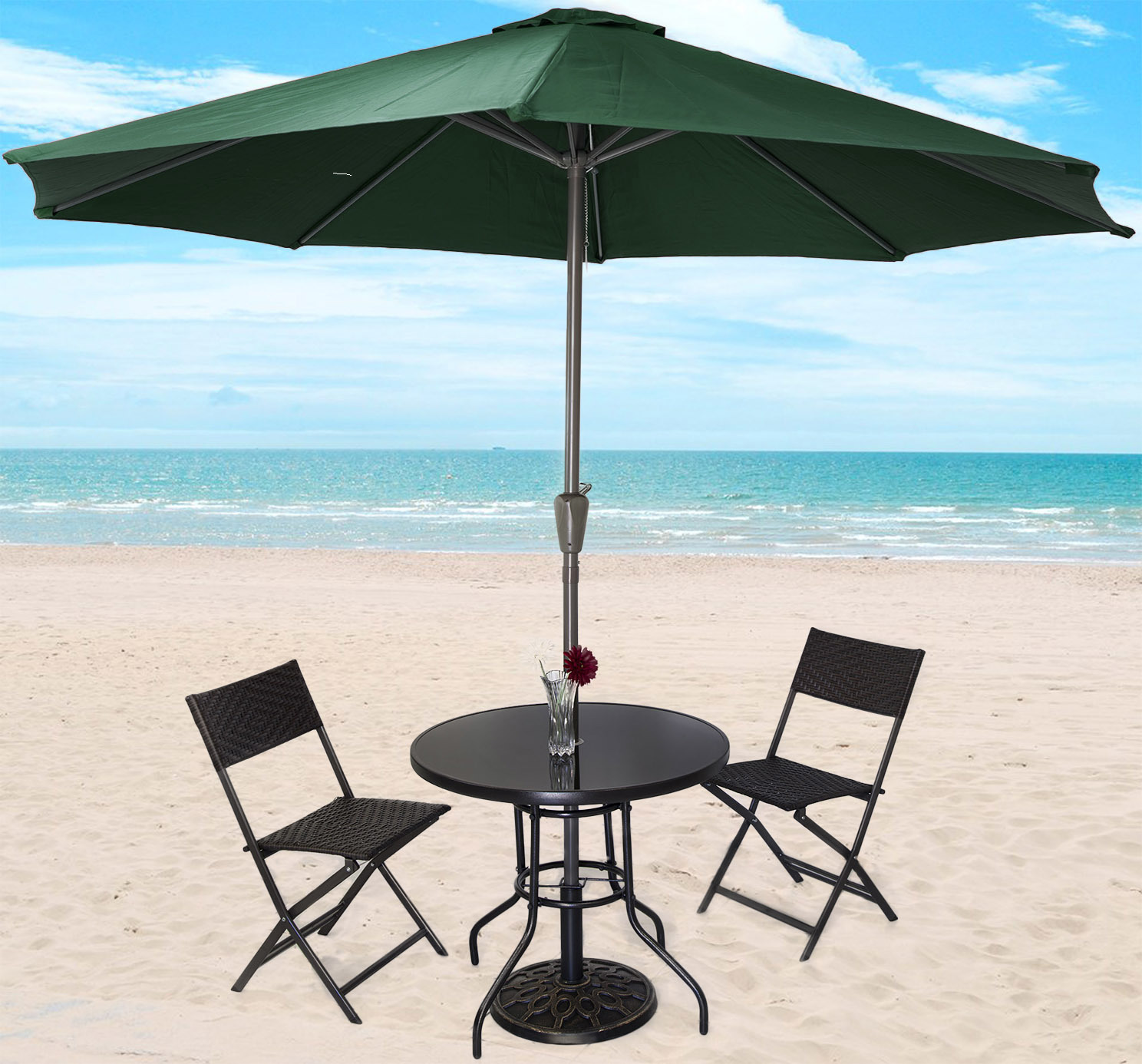 Alfresco 5PC Outdoor Setting (Green Umbrella & Stand, 2 Rattan Chairs, Round Table)