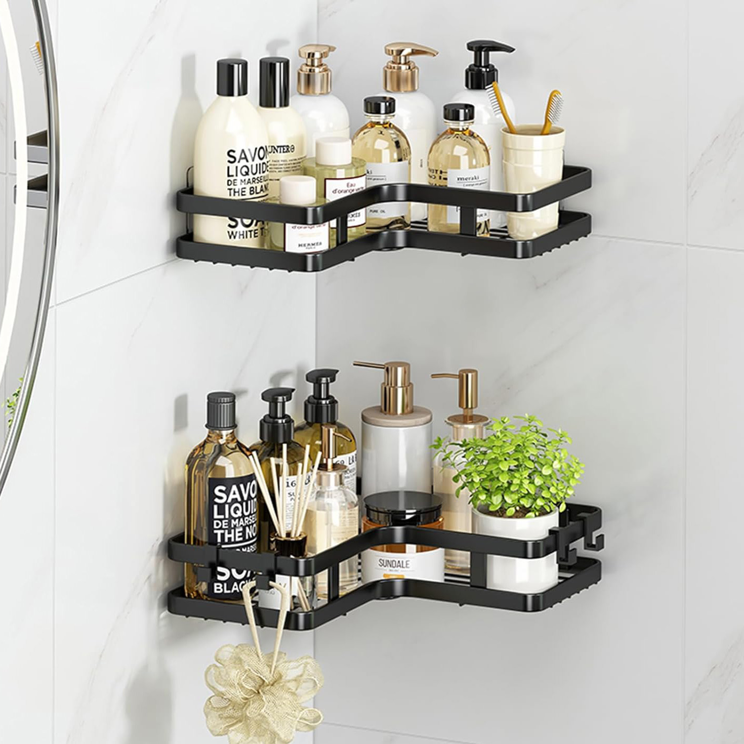 2 Piece Corner Shower Shelves Bathroom Kitchen Wall Mounted Organiser Set