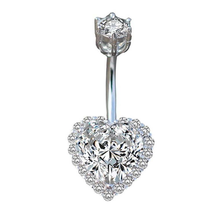 S925 Sterling Silver Heart Shaped CZ Diamond Navel Ring Body Piercing 