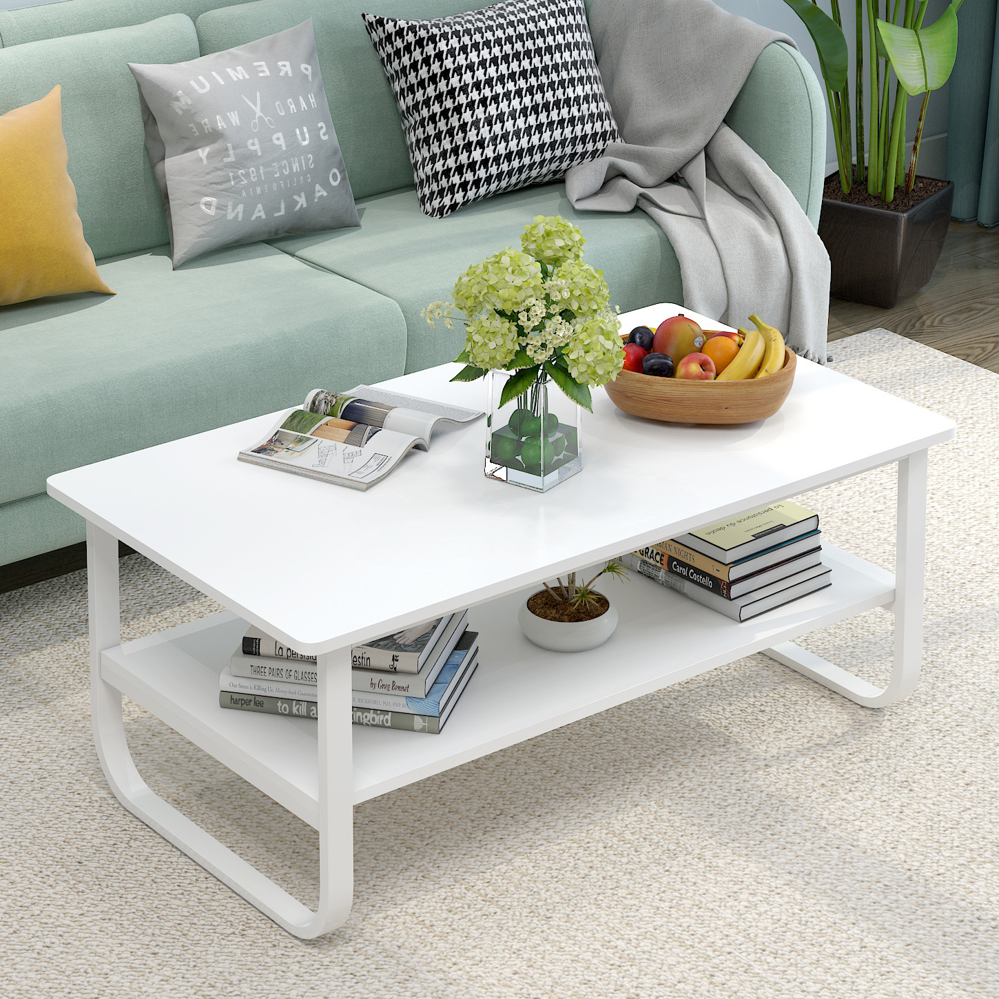 Elegance Wood & Steel Coffee Table with Shelf (White)