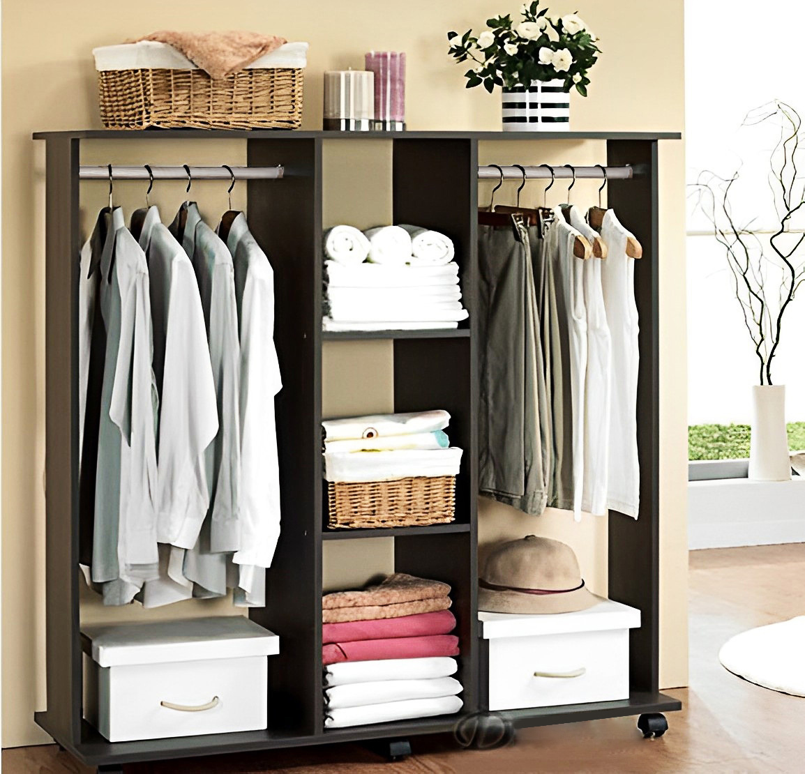 Varossa's Spacesaver Wardrobe Cupboard Shelves & Clothes Hanging Racks Furniture (Black Walnut)