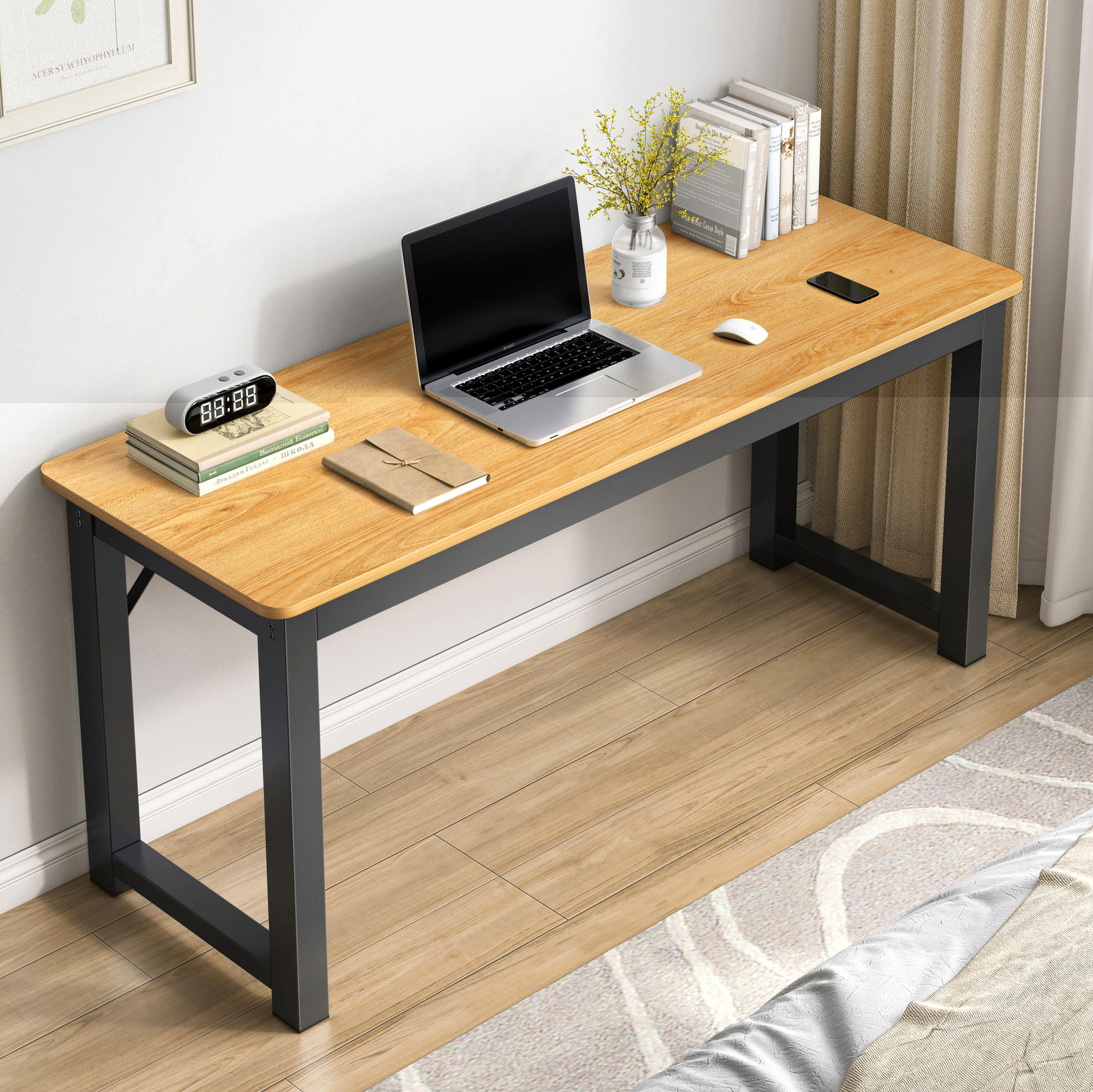  Profile Console Table Wood & Metal Narrow Desk (Oak & Black)