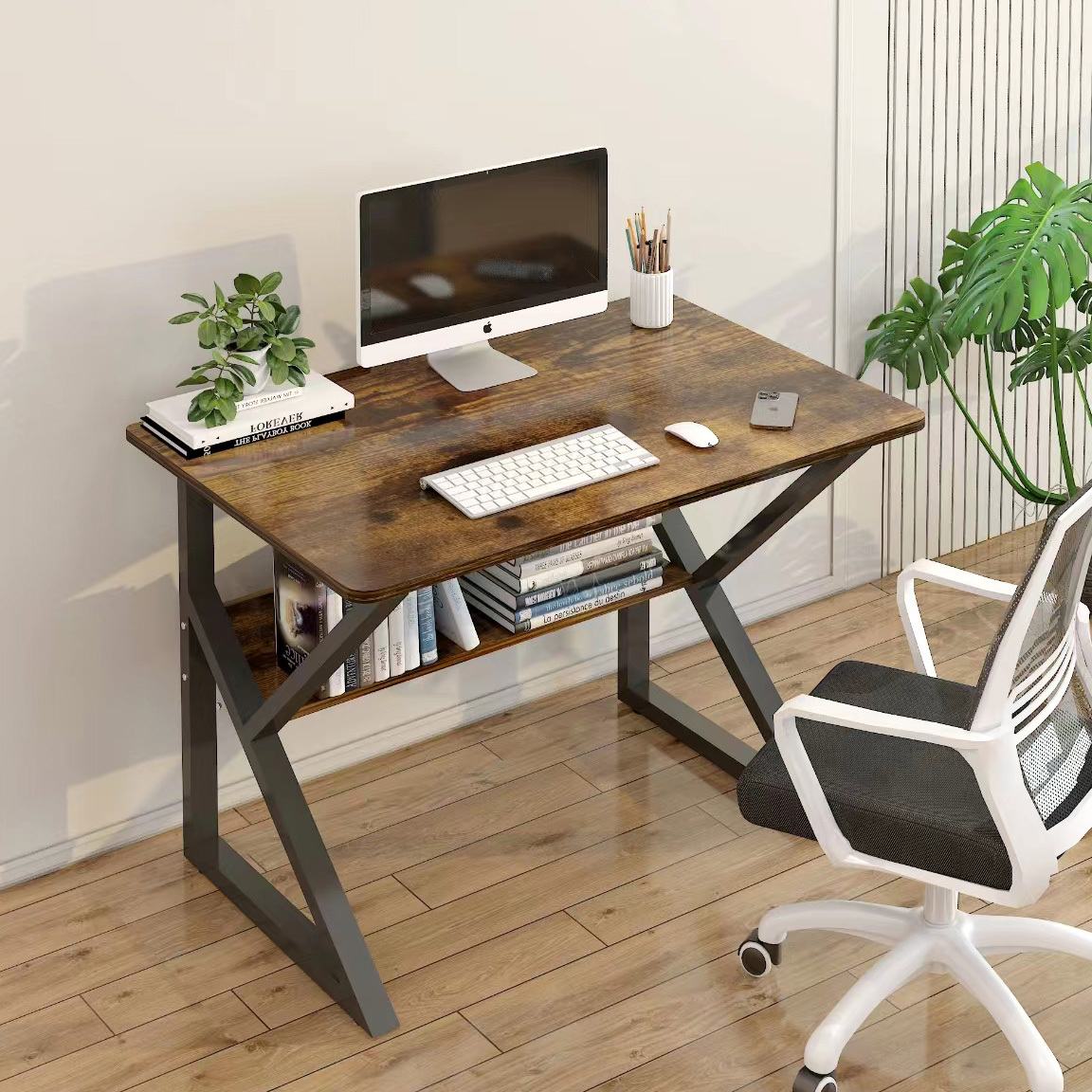 Kori Wood & Metal Computer Desk with Shelf (Rustic Wood) - 80cm