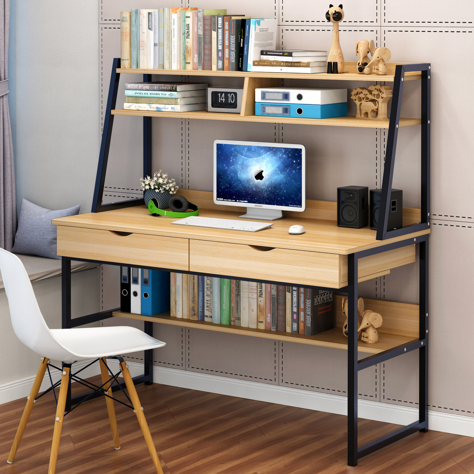 Enterprise Large Computer Desk Workstation with Shelves & Drawers (Oak)