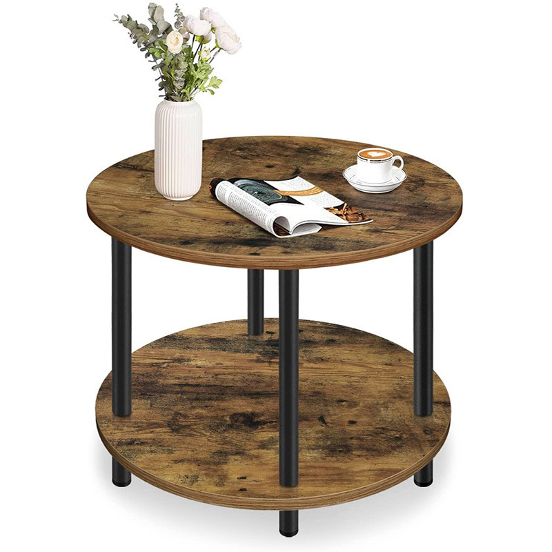 Gem Round Rustic Wood Metal Round End Coffee Table with Storage Shelf