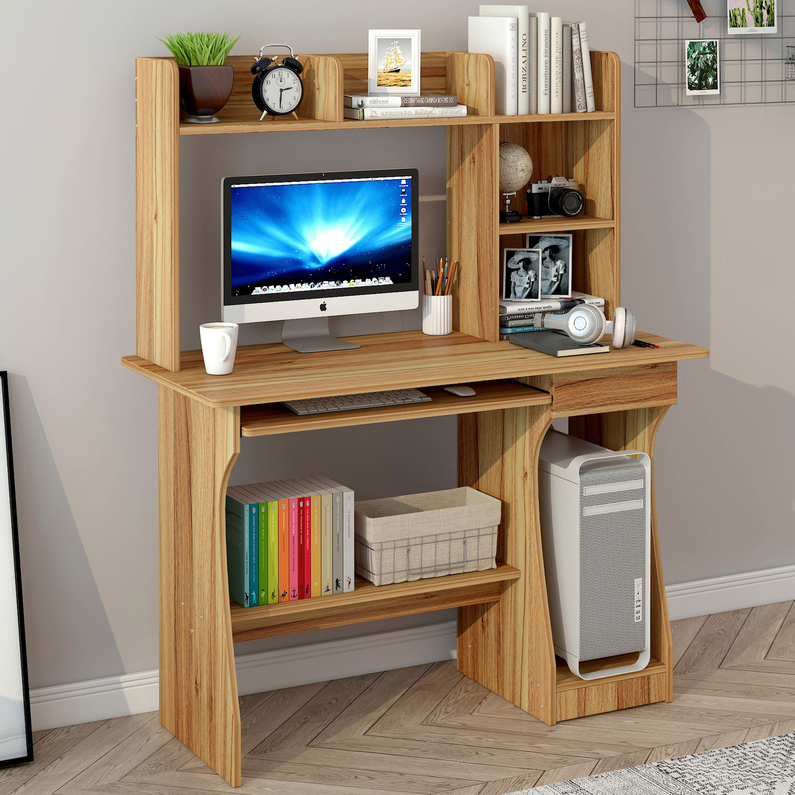 Elite Computer Desk Table with Shelf & Drawer Office Furniture (Natural Oak)