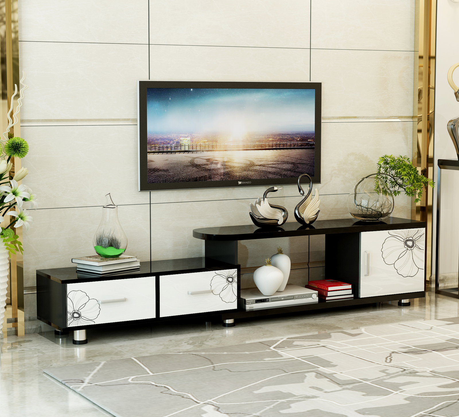 Luxe Adjustable Extendable TV Cabinet (High Gloss White & Black)