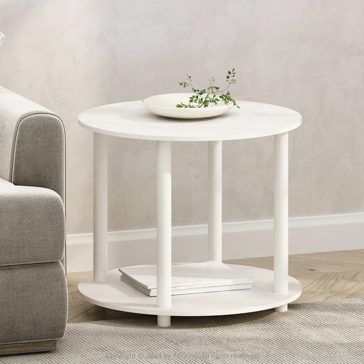 Gem Round White Wood Metal Round End Coffee Table with Storage Shelf