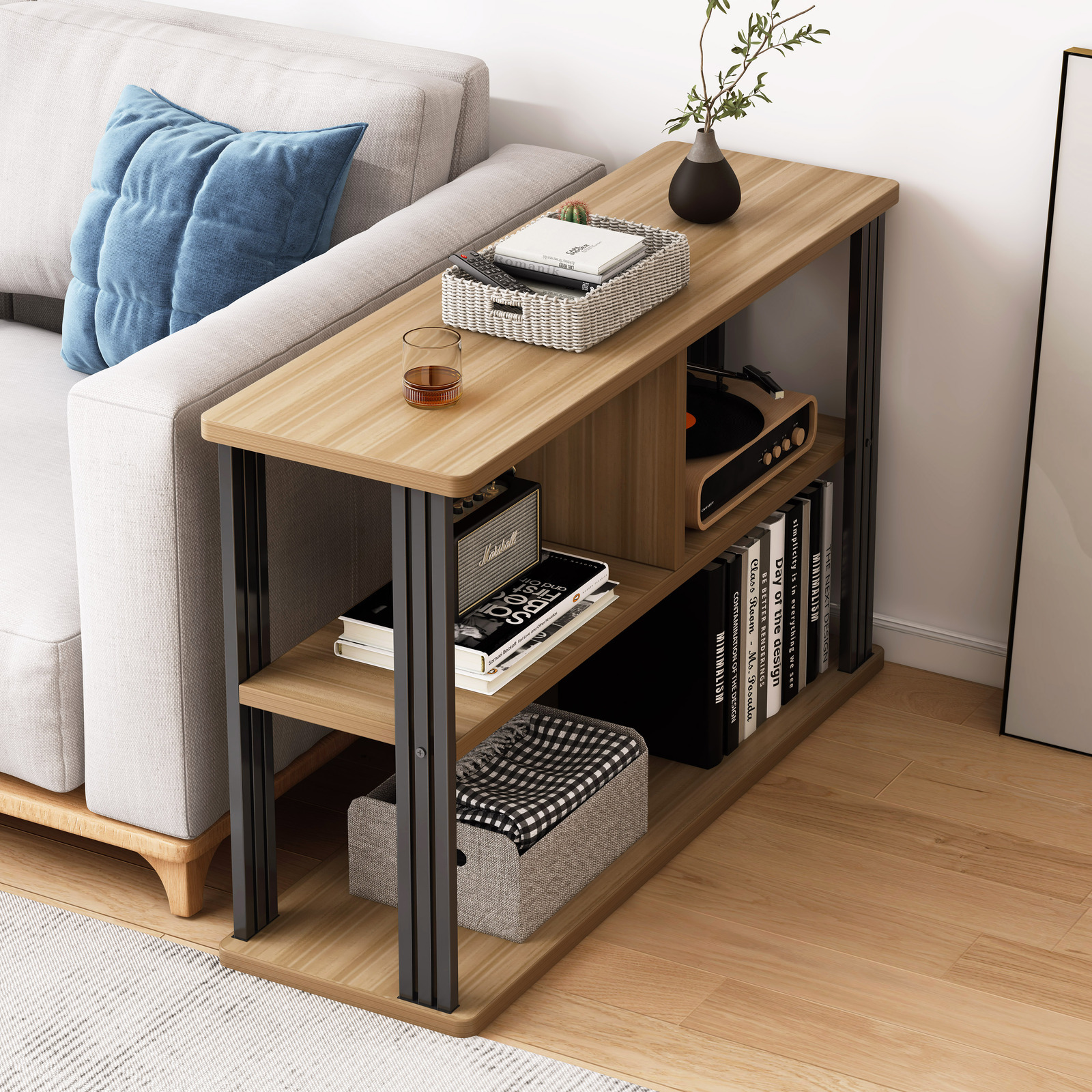 Icon Wood and Steel Sofa Side Table with Shelves (Oak)