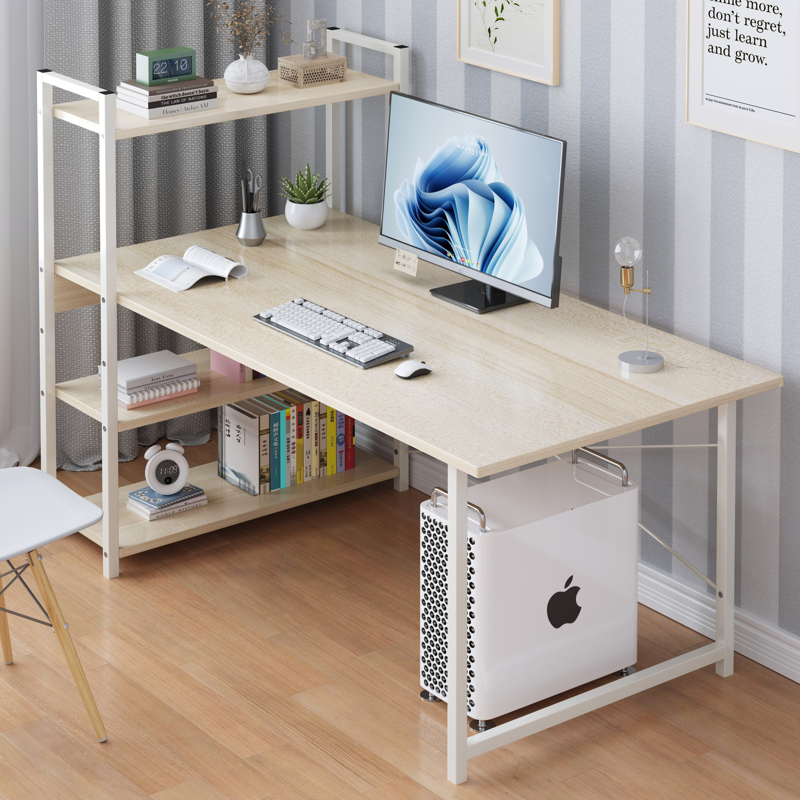 Exceeder Large Workstation  Wood & Steel Computer Desk with  Storage Shelves (White Oak)