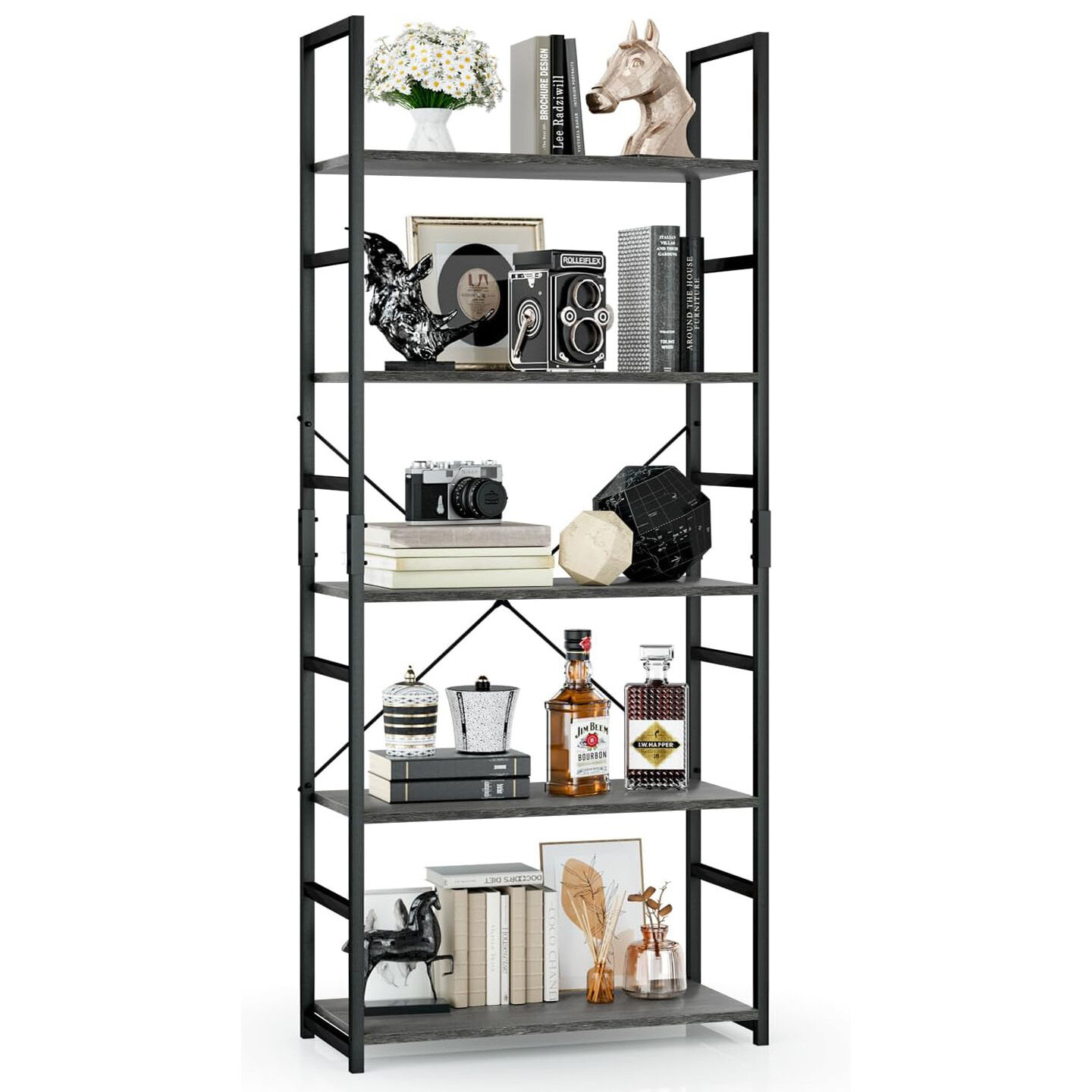 5 Tier Multifunction Heavy Duty Bookcase Wood & Steel Storage Shelf Organizer (Driftwood Grey)