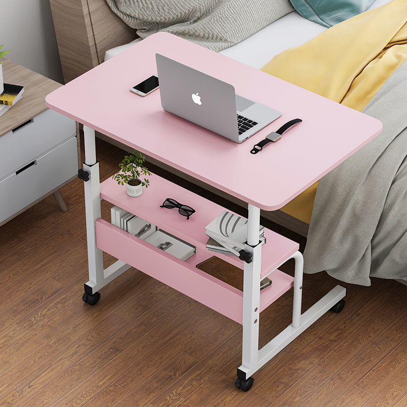 Calibre 2-tier Sofa Bed Side Table Laptop Desk with Shelves and Wheels (Pink)