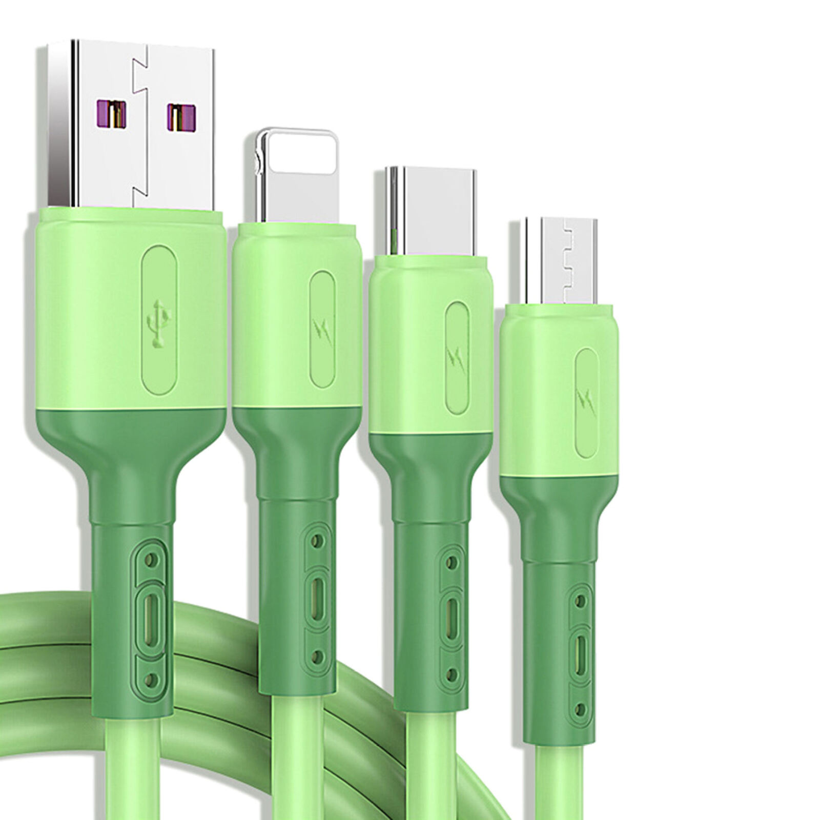 All-in-One Charging Cable: Type C + Apple Lightning + Micro USB iPhone Android Charger (Green)