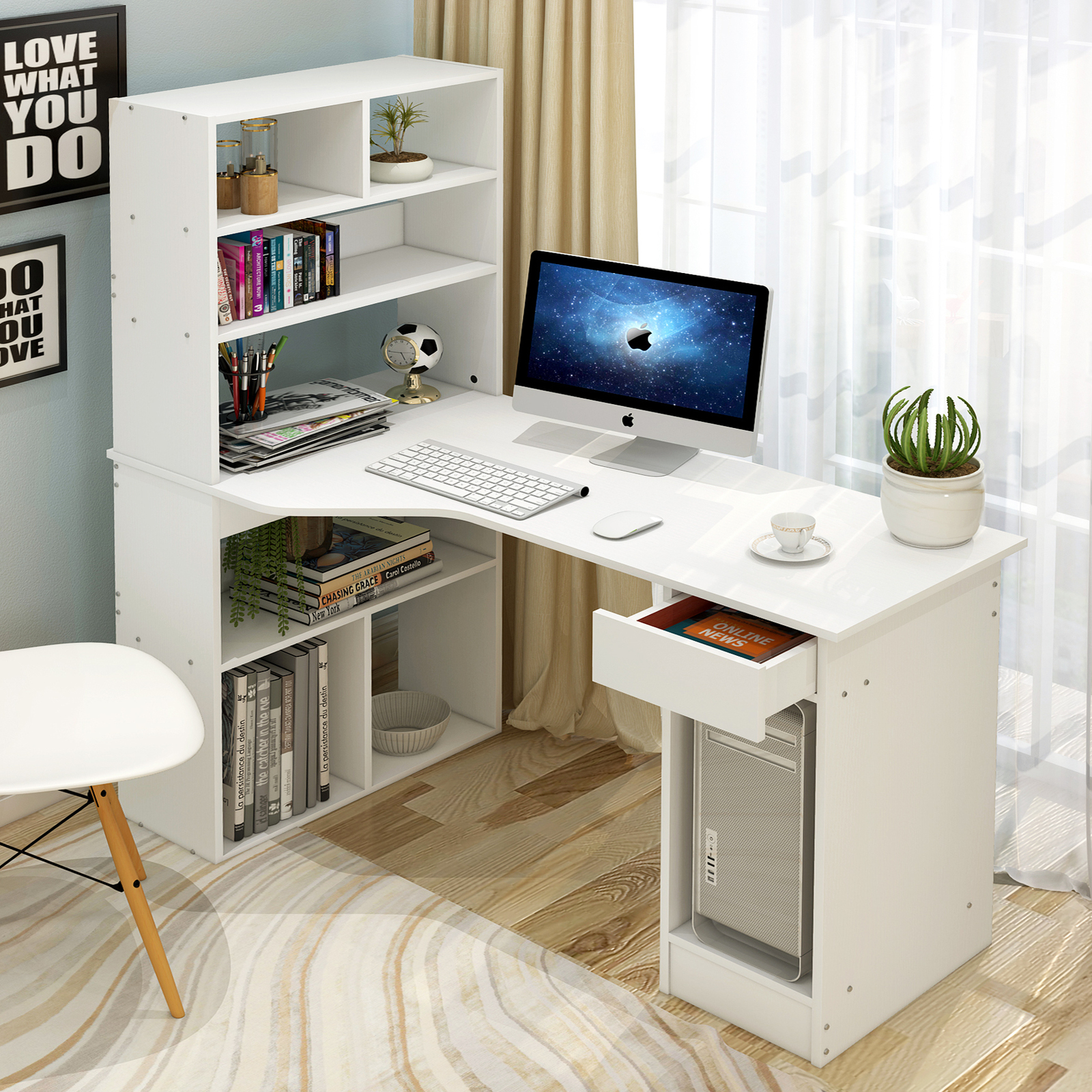 Large Combination Workstation Computer Desk with Storage Shelves (White)