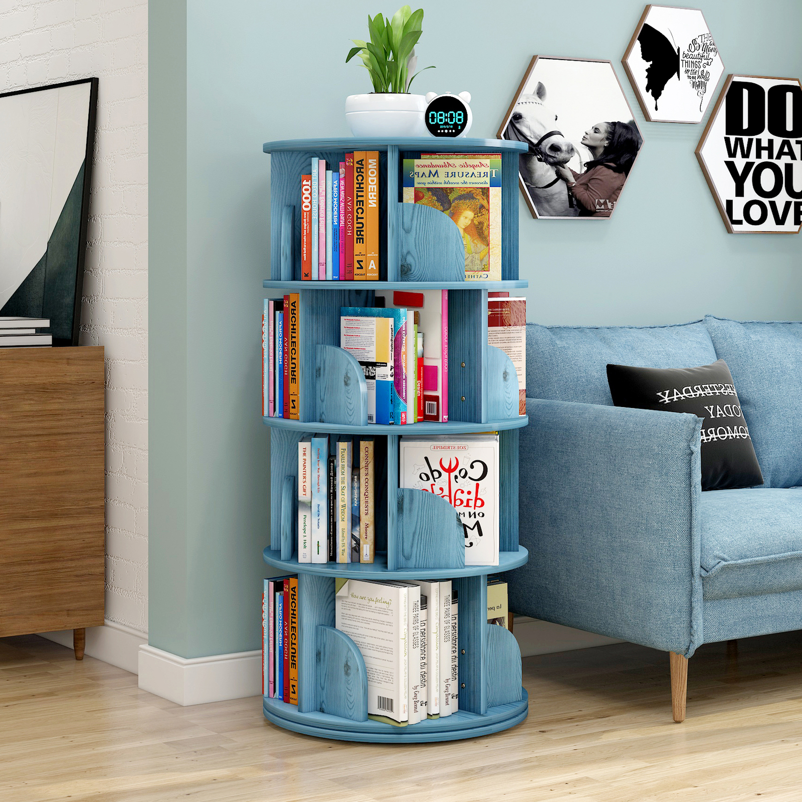 Sanctuary 360-degree Rotating 4 Tier Display Shelf Bookcase Organiser (Blue)